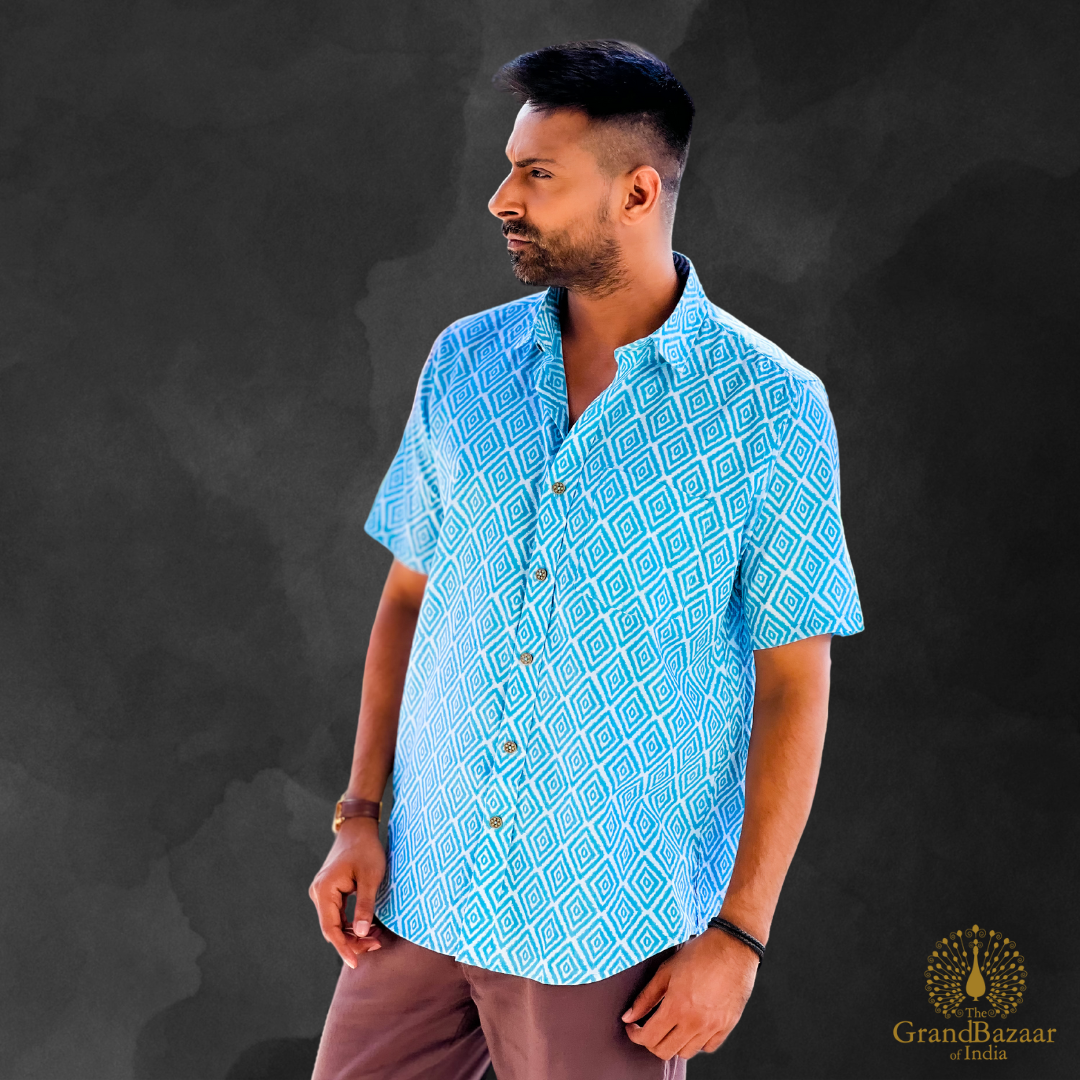 Men's Sky Blue Geometric Cotton Shirt 05 S24