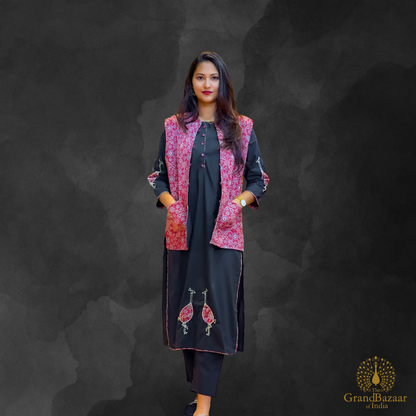 Black kurti set with floral printed jacket