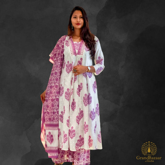 White kurti Full set with purple block prints