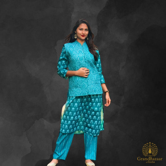 Green kurti set with block prints and a jacket