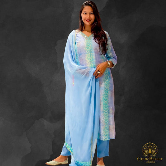 Ingido kurti full set with light blue pant and dupatta with green and gold block prints